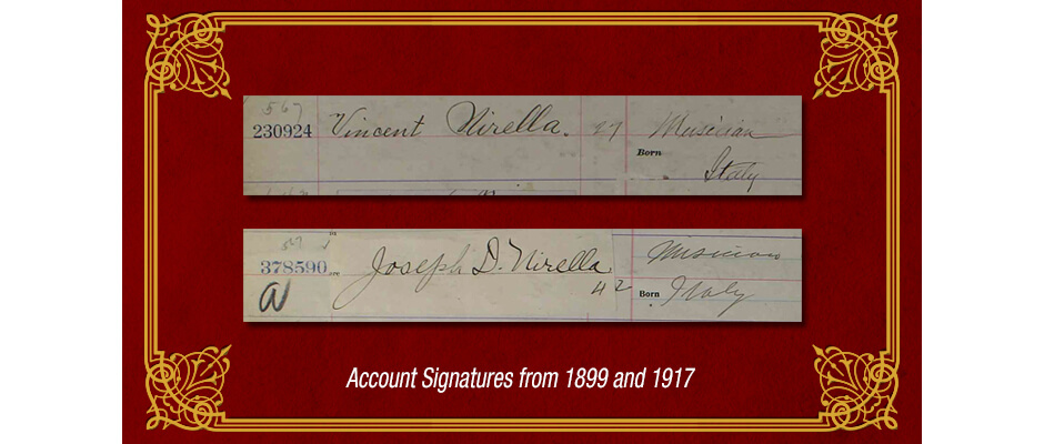 Dollar Bank account signatures of Vincent and Joseph Nirella from 1899 and 1917.