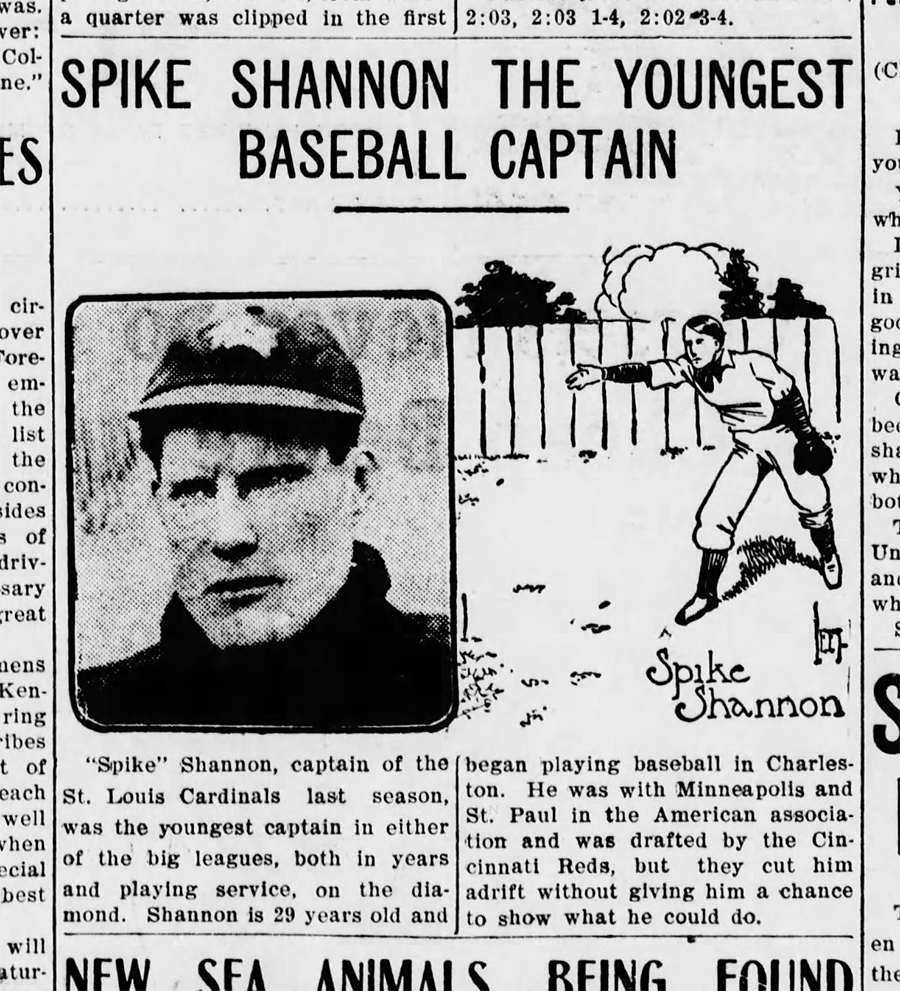 Newspaper clipping announcing Spike Shannon as the youngest baseball captain