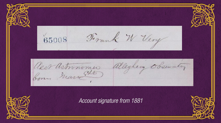 Account signature of Frank W. Very from 1881