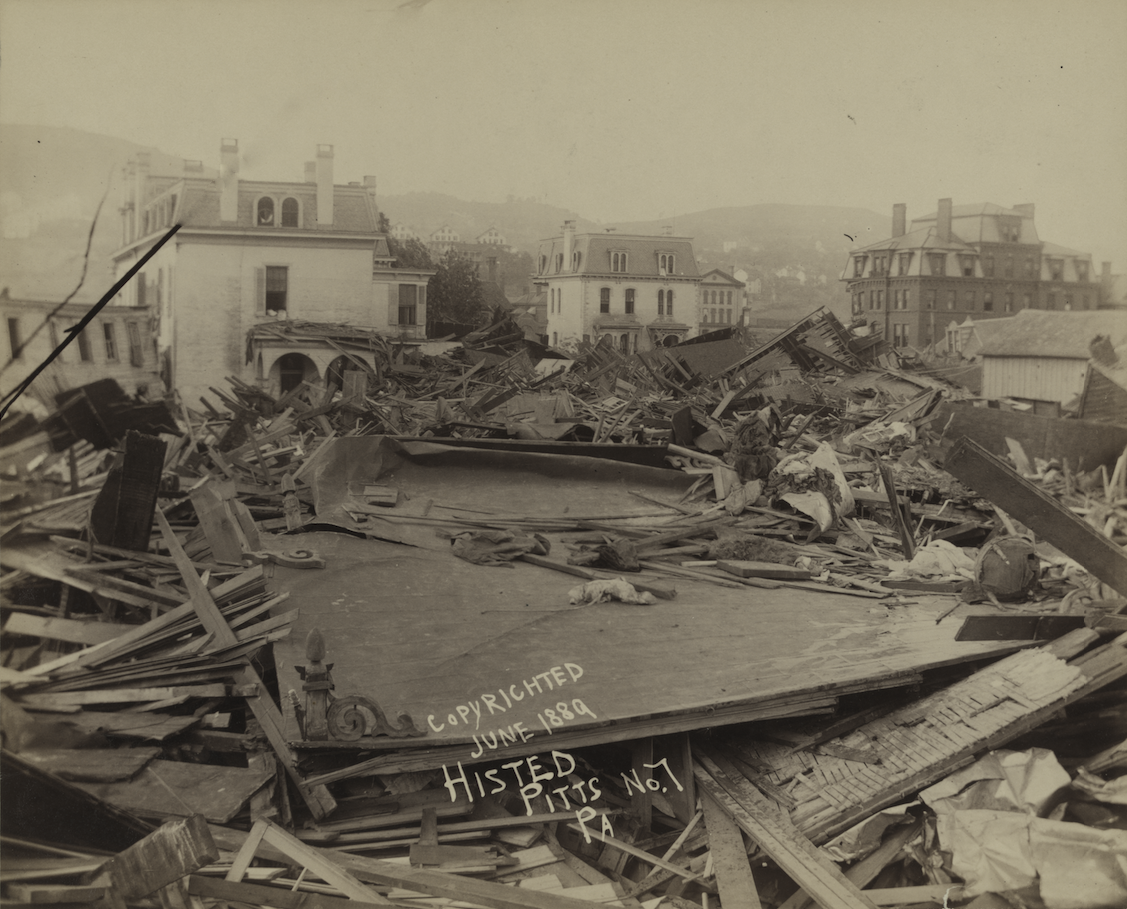 Post-flood photograph of Johnstown, taken by Pittsburgh photographer Ernest Histed in June 1889.