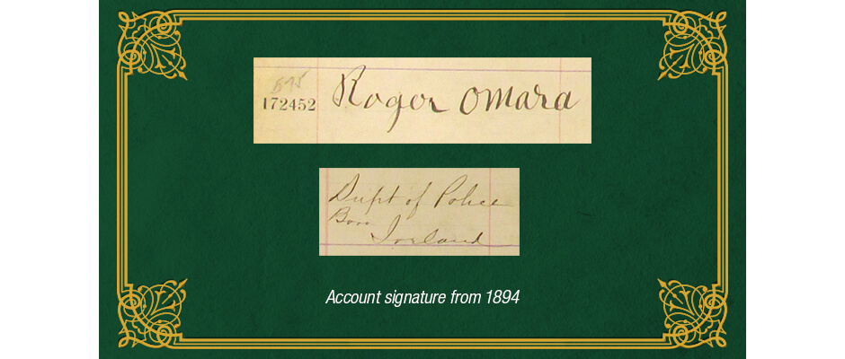 Account signature of Roger O'Mara from 1894