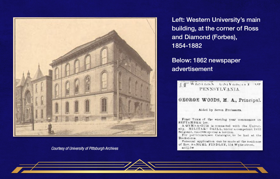 Photograph of the Western University's main building, and newspaper advertisement of George Woods from 1862.
