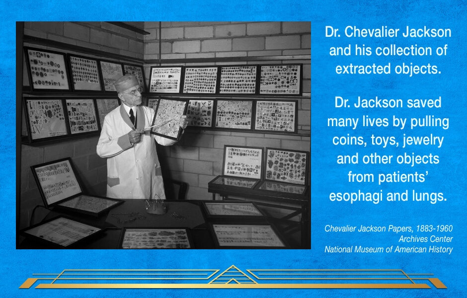 Photograph of Dr. Chevalier Jackson and his many extracted objects.