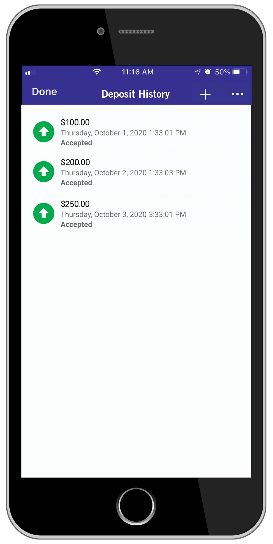 Mobile phone showing deposit history screen.