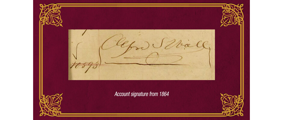 Dollar Bank account signature of Alfred S. Wall from 1864.