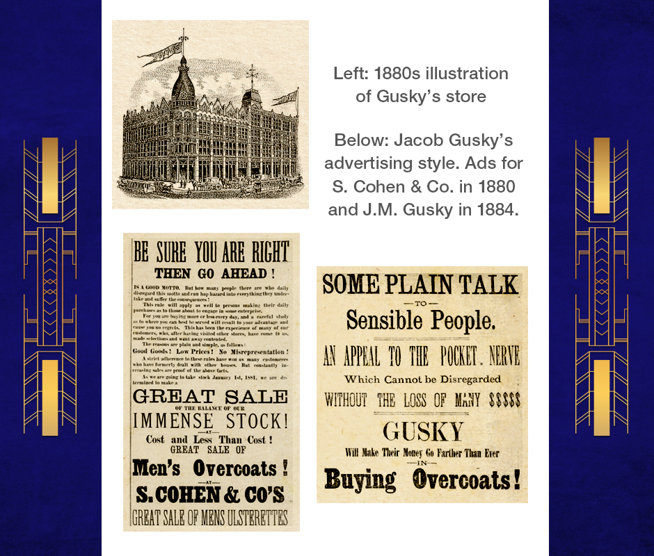 Illustration of Gusky's store and newspaper advertisements for the store