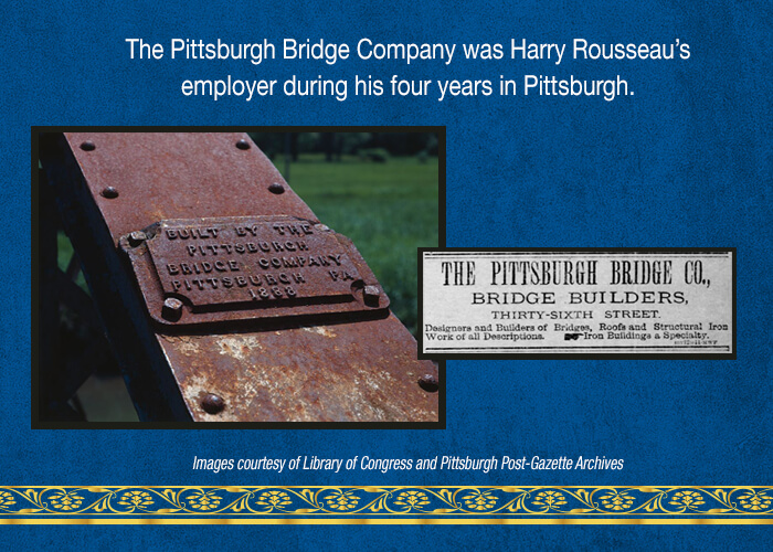 Photograph of bridge sign inscribed "Built by the Pittsburgh Bridge Company, Pittsburgh, PA 1888."