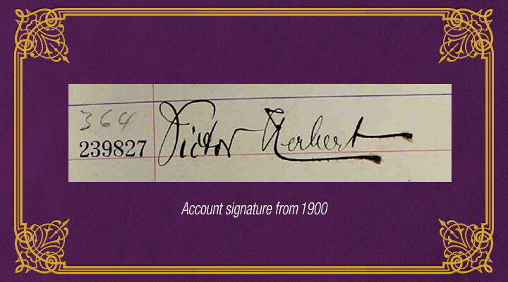 Victor Herbert Dollar Bank account signature.