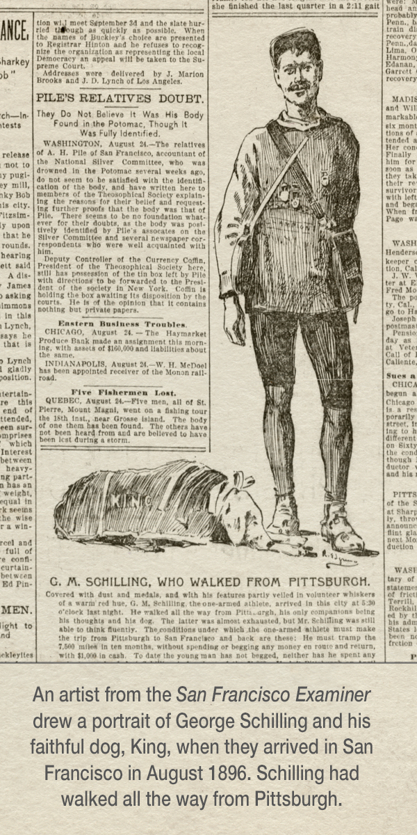 Newspaper clipping of illustration of George Schilling and his dog, King.