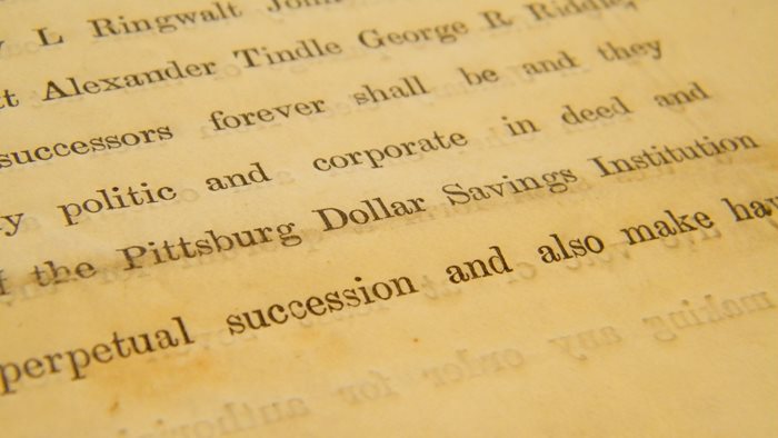 Image of typed page showing "Pittsburgh Dollar Savings Institutions" in the text.