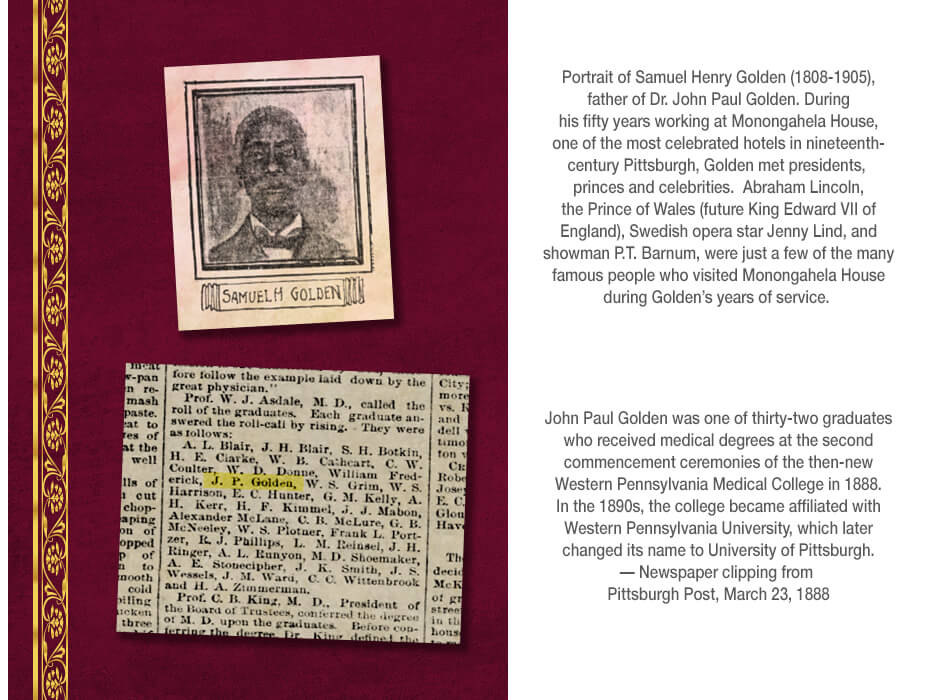 Portrait of Samuel Henrey Golden, father of John Paul Golden, M.D. and newspaper listing of John Paul Golden's gratuation announcement from Western Pennsylvania Medical Collete in 1888