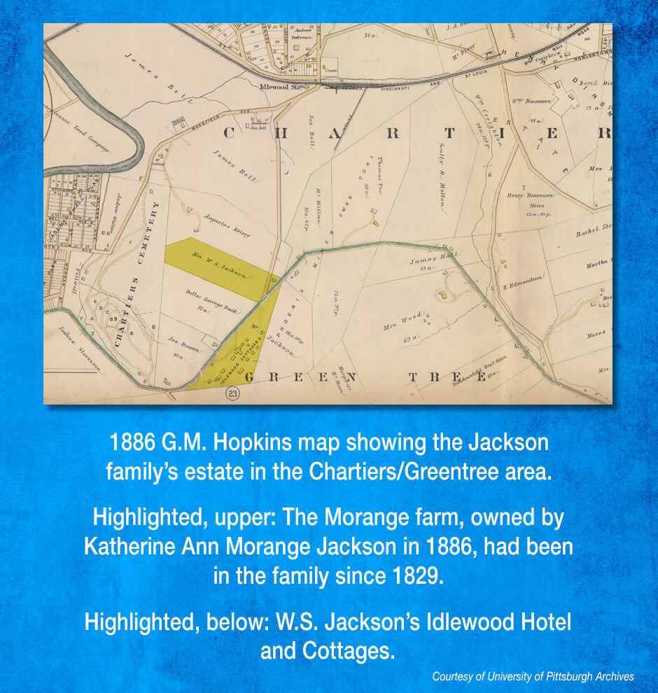 1886 map showing the Jackson family's estate in the Chartiers/Greentree area.