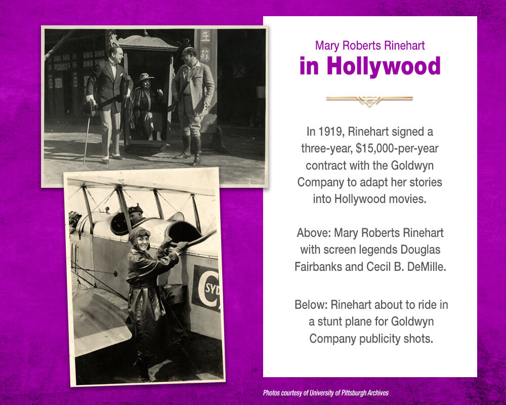 Photographs of Rinehart with actors Douglas Fairbanks and Cecil B. DeMille, and climbing into a stunt plane.