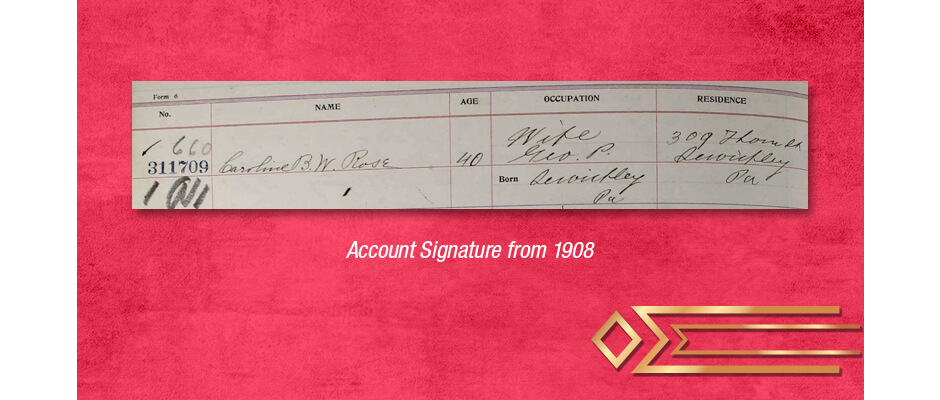 Dollar Bank account signature of Caroline Whiting Rose.