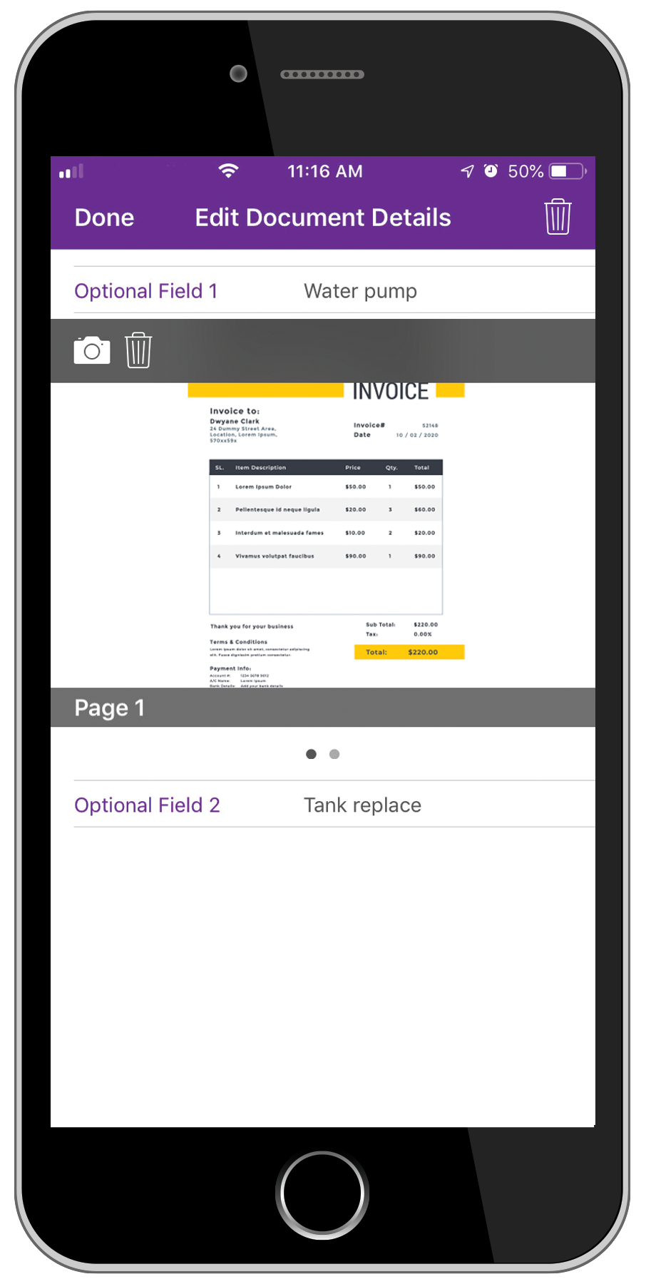 Mobile phone screen shot of check, data entry and remittance items page.