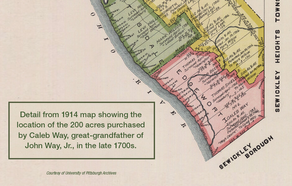 Detail from 1914 map showing the 200 acres purchased by Caleb Way, great-grandfather of John Way, Jr., in the late 1700s.
