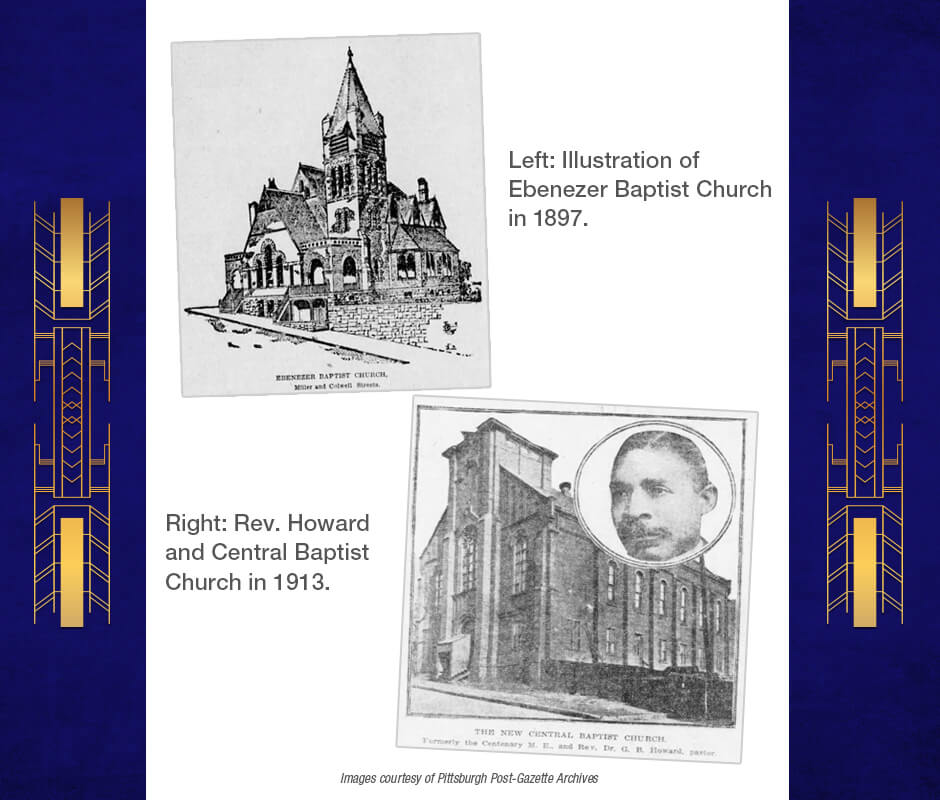 Illustrations of Ebenezer Baptist Church in 1897, and Rev. Howard and Central Baptist Church in 1913.