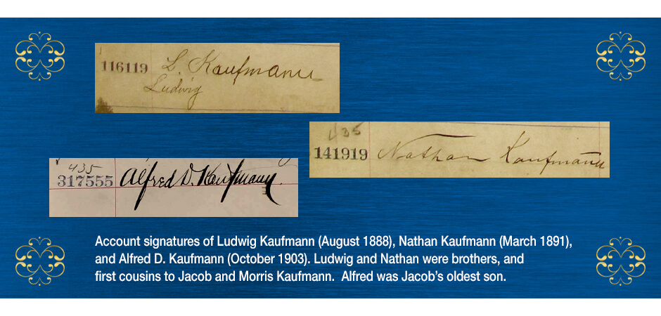 Dollar Bank account signatures of Ludwig, Nathan and Alfred Kaufmann.