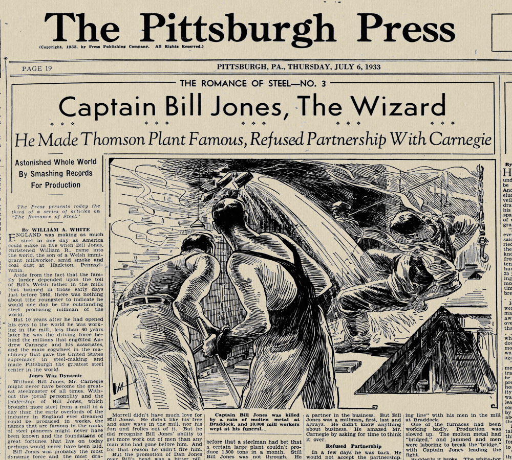 July 1933 Pittsburgh Press story on Captain Bill Jones, with an illustration of the accident in Furnace C.