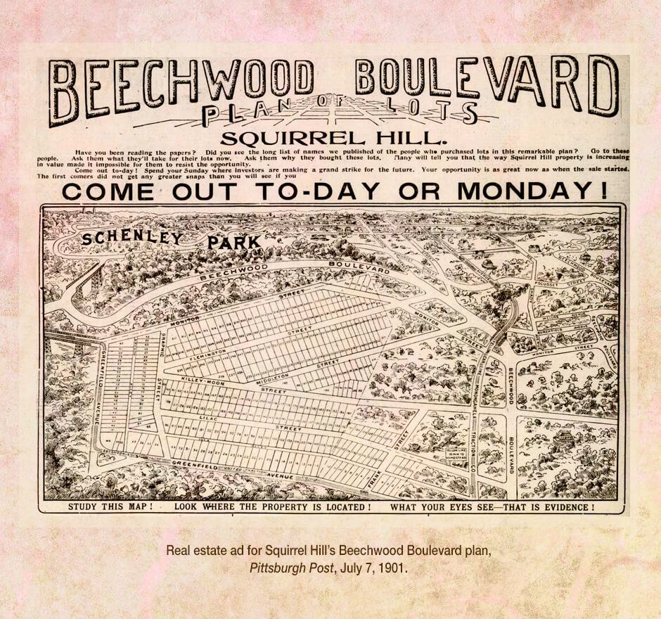 Real estate ad for Squirrel Hill's Beachwood Boulevard plan in the Pittsburgh Post, 1901.