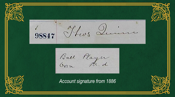 Account signature of Tommy Quinn from 1886