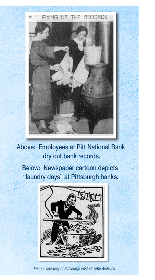 Photograph and illustrations of bank employees drying out bank records.