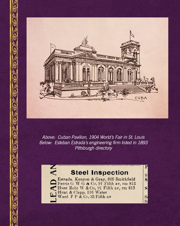 Image of the Cuban Pavillion at 1940 World's Fair in St. Louis and Estrada's engineering firm listing in the Pittsburgh directory