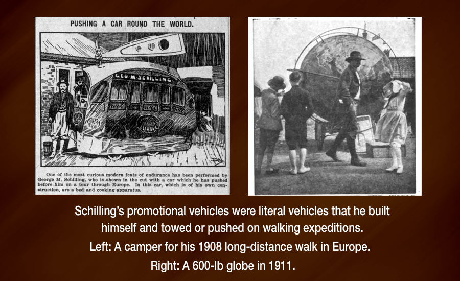 Illustration of George Schilling's camper and photo of his 600-pound globe.