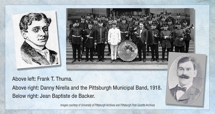 Portraits of Frank Thuma, Danny Nirella and his band, and Jean de Backer