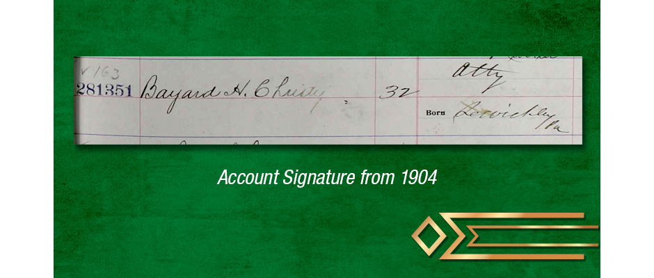 Dollar Bank account signature of Bayard Christy.