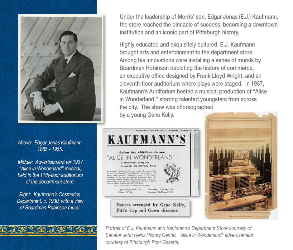 Photographs of Edgar Kaufmann and Kaufmann's Cosmetics Departments, and an advertisement about a musical held at the department store in 1937.