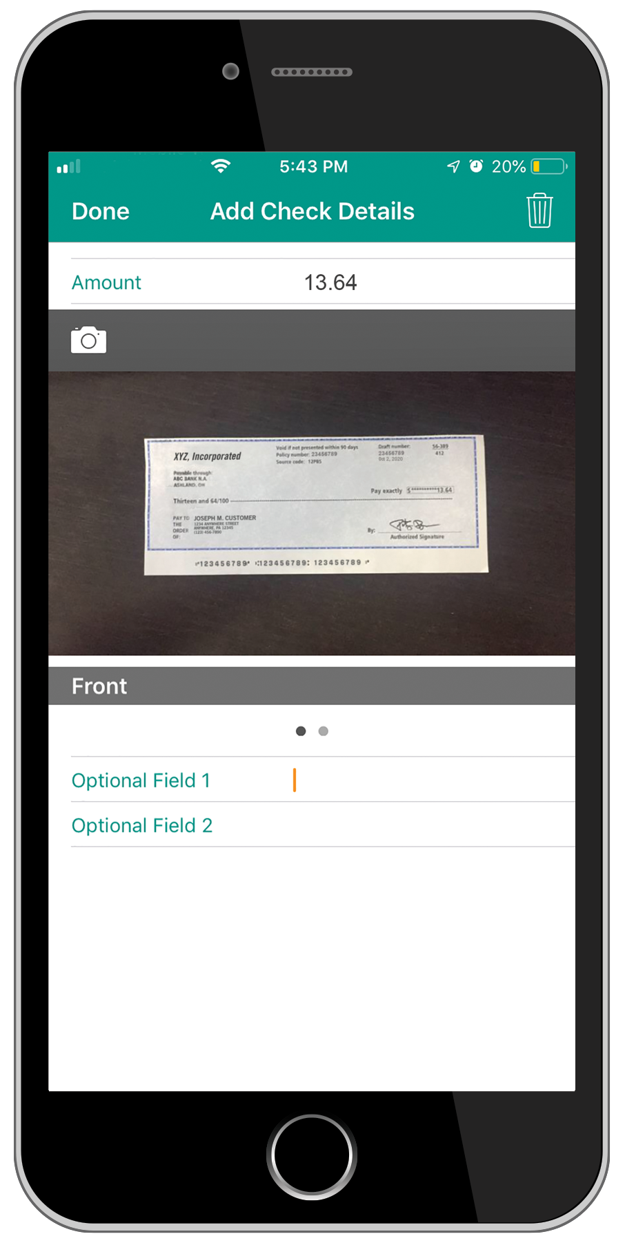 Mobile phone showing remote deposit screen with remote deposit scanner.